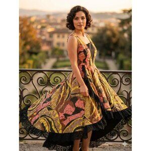 Vintage 60s Carmen Black Velvet Dress Paisley Flamenco Goth Ruffle High Low M